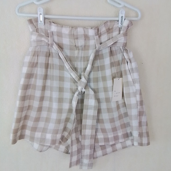 A New Day Linen Blend High Rise Paperbag Shorts Size‎ Small Beige White Gingham - Picture 1 of 10